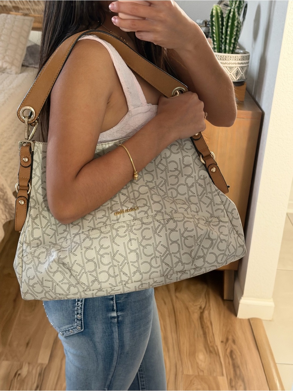 Calvin Klein CK Monogram Shoulder Bag Cream Tan Logo Purse Gold Hardware
